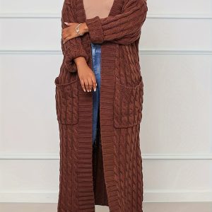 Plus Size Solid Jacquard Longline Cardigan, Women's Plus Medium Stretch Elegant Sweater Cardigan