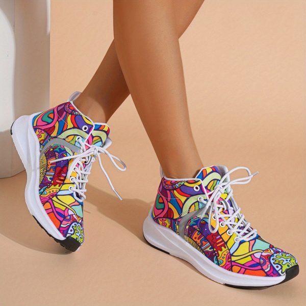 Hand-Painted Cartoon Print Women's Reflective Lace-Up High-Top Sneakers - Lightweight Winter-Ready Casual Shoes with Soft Fabric Upper & EVA/Rubber Sole for North American & Mexican Fashion