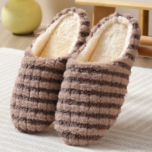 Cozy Womens Striped Plush Slipper Shoes - Soft Fabric Upper, Anti-Slip Sole, Slip-on Design, Round Toe, Indoor Flat Shoes for Cold Winter Days