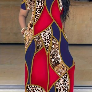 [Tie Dye Maxi Dress] Elegant Plus Size Maxi Dress | Women's Tie Dye Print Short Sleeve with Pocket, Medium Stretch Long Dress
