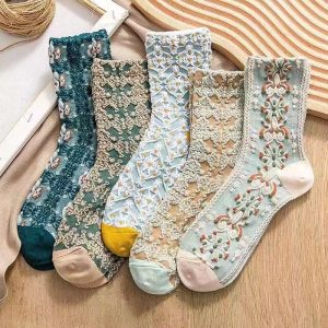 5-Pair Pack of Charming Floral and Geometric Patterned Ankle Socks - Soft Cotton Blend, Cottagecore Inspired, Comfort-Fit for Daily Wear