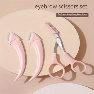 3-Piece Curved Eyebrow Trimmer Set With Razor And Comb For Beginners, Eyebrow Grooming Tools For Women