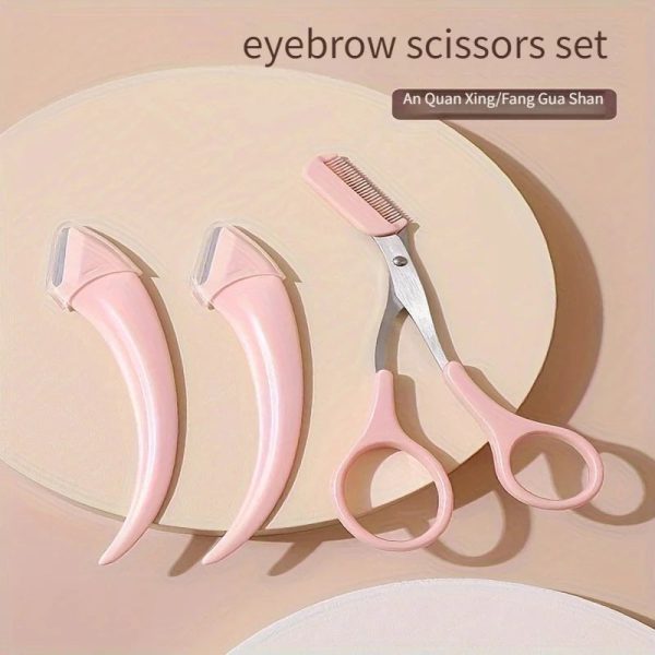 3-Piece Curved Eyebrow Trimmer Set With Razor And Comb For Beginners, Eyebrow Grooming Tools For Women