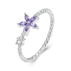 WOSTU Real 925 Sterling Silver Exquisite Shiny Purple Flower Shaped Crystal Ring with Dazzling AAA Cubic Zircon Dainty Rings
