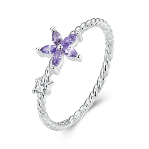 WOSTU Real 925 Sterling Silver Exquisite Shiny Purple Flower Shaped Crystal Ring with Dazzling AAA Cubic Zircon Dainty Rings