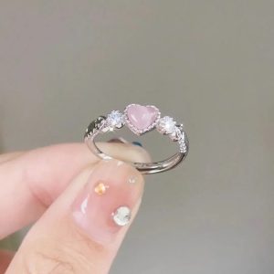 2024 Trend Pink Love Heart Crystal Rings for Women Love Zircon Open Ring Irregular Aesthetic Rings Jewelry
