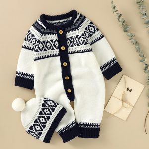 Newborn Infant Geometric Pattern Sweater Romper Long Sleeve Button Jumpsuit & Hat For Toddler Baby Boys And Girls, Suitable For Indoor And Outdoor Wear