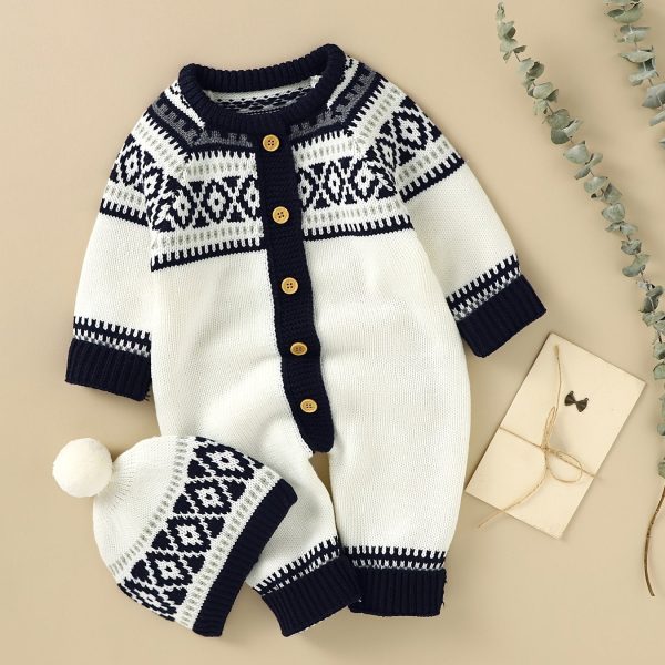 Newborn Infant Geometric Pattern Sweater Romper Long Sleeve Button Jumpsuit & Hat For Toddler Baby Boys And Girls, Suitable For Indoor And Outdoor Wear